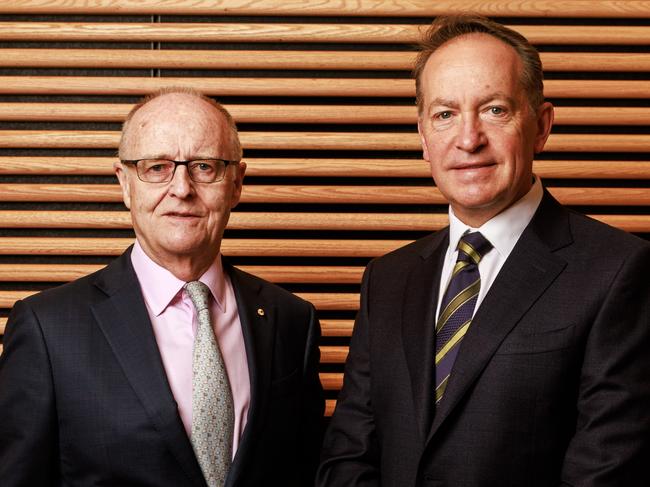 14/10/2024 Lendlease chairman Michael Ullmer with chair-elect John Gillam at their offices in Melbourne. Photo: Aaron Francis Photography