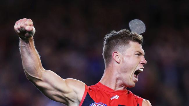 Melbourne's Jake Melksham celebrates a goal in the 2018 AFL semi final against Hawthorn. Picture. Phil Hillyard