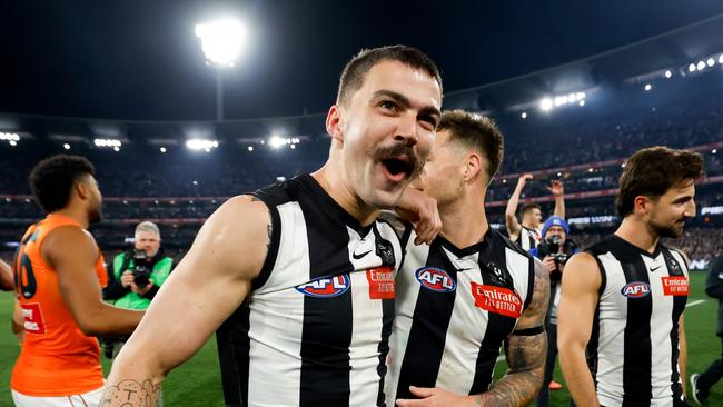 Oleg Markov celebrating the Magpies’ preliminary final win. Picture: Dylan Burns/AFL Photos via Getty Images