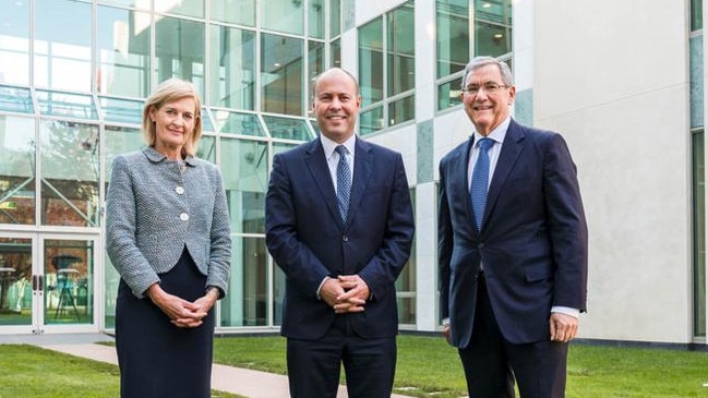 Treasurer Josh Frydenberg with new ASIC chair Joe Longo and deputy Sarah Court. in April