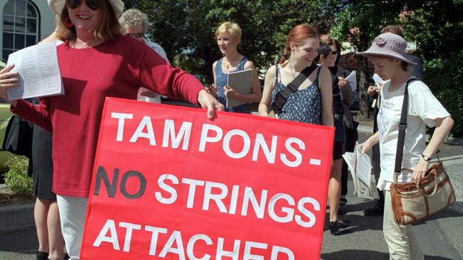 Protest GST on womens sanitary items women protesters outside Senator Eric Abetz office