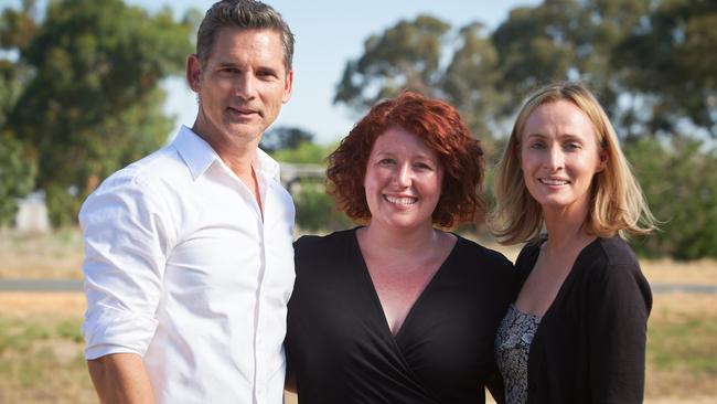 Star power: Jane Harper (centre) on the set of The Dry, the film adaptation of her best-selling novel which stars Eric Bana and Genevieve O’Reilly