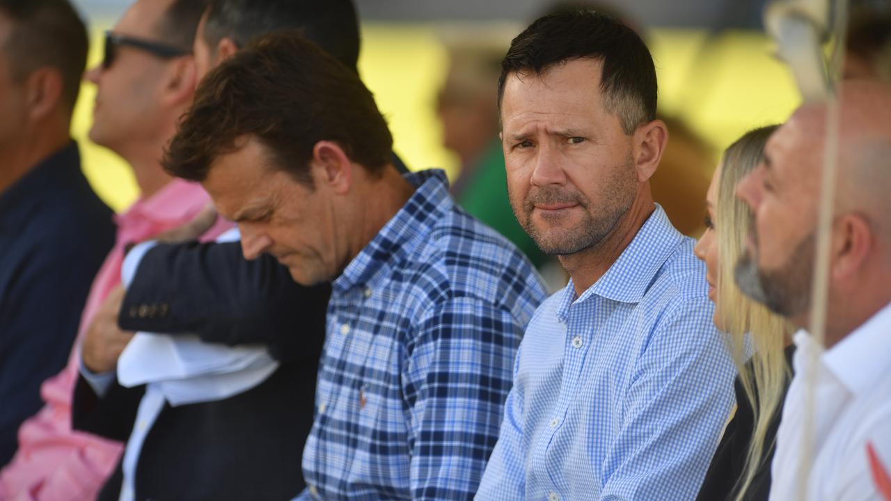 Adam Gilchrist (left) and Ricky Ponting at a memorial for Andrew Symonds. Picture: Evan Morgan