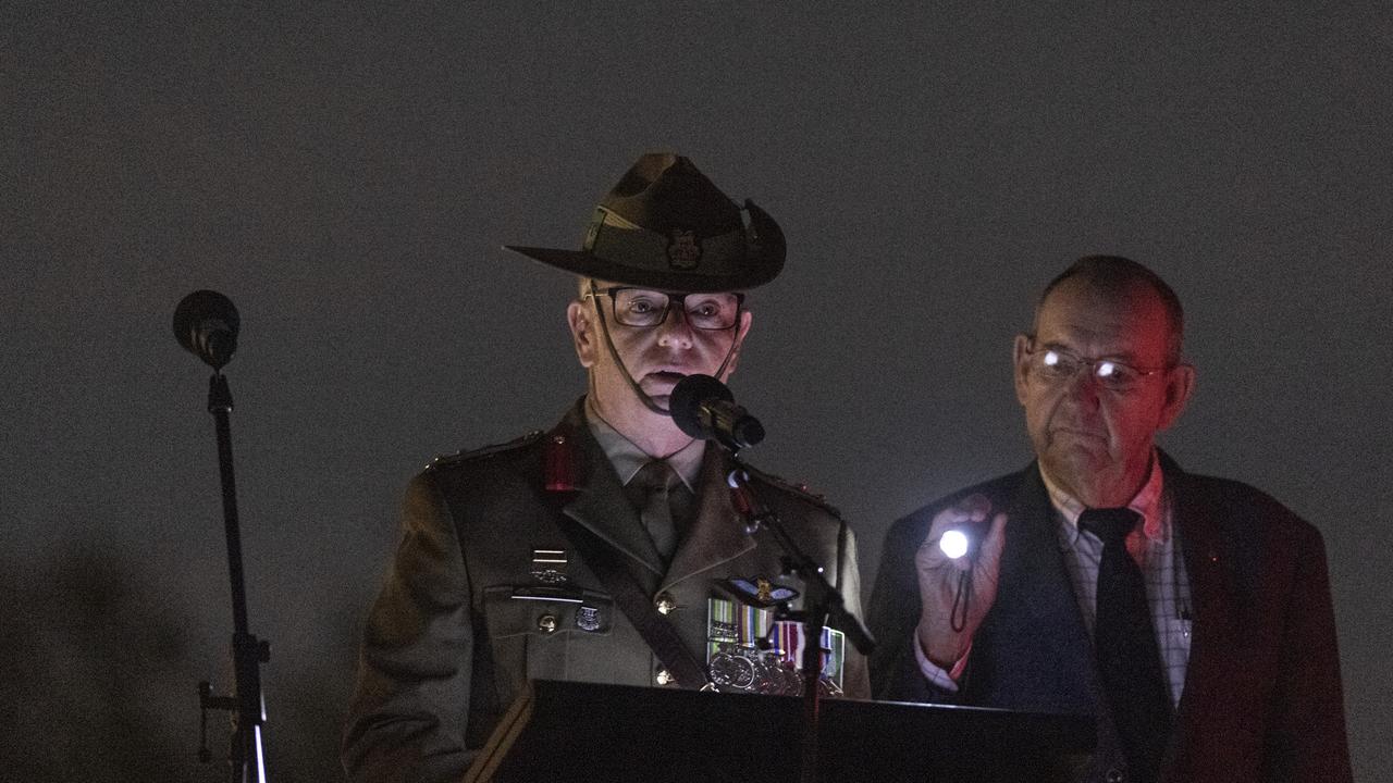 LTCOL James Pidgeon of the Army Aviation Training Centre Oakey delivers the main address at Toowoomba's Anzac Day Dawn Service at the Mothers' Memorial, Thursday, April 25, 2024. Picture: Kevin Farmer