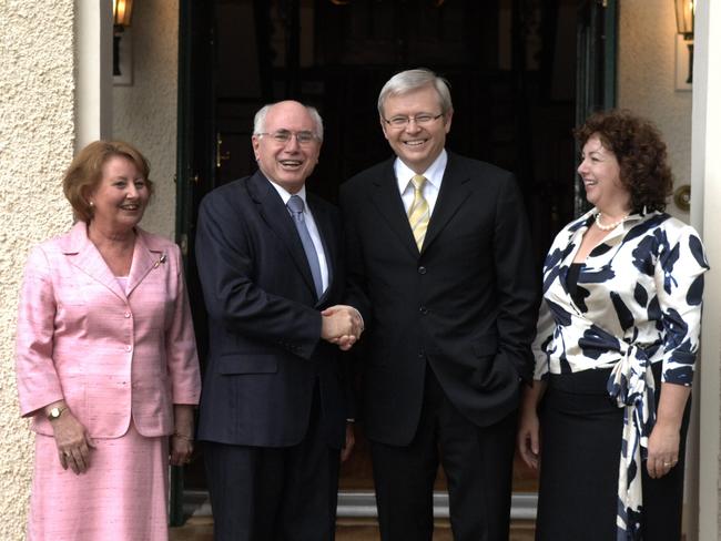 2007 ... Outgoing PM John Howard with wife Janette officially hands over The Lodge to incoming PM Kevin Rudd and wife Therese Rein. Picture: Strange