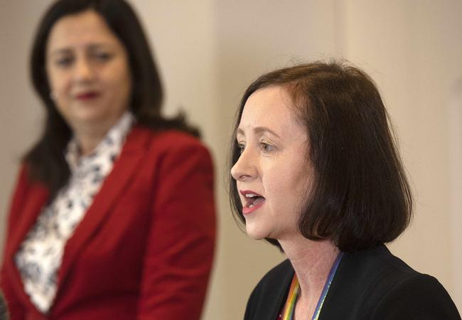 Queensland Premier Annastacia Palaszczuk looks on as Health Minister Yvette D'Ath gives a COVID-19 update. Picture: NCA NewsWire / Sarah Marshall