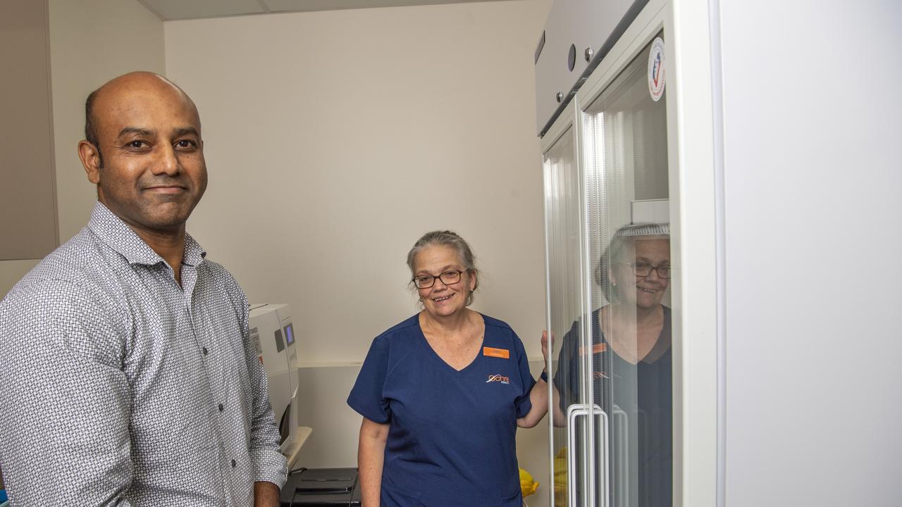 Dr Harish Rangappa and enrolled nurse Toni Coad inspect the new vaccine fridge at the Ochre Medical Centre Wyalla. 16th Feb 2021 Picture: Nev Madsen