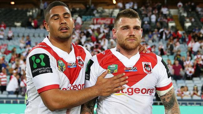 Josh Dugan is comforted by Nene Macdonald after the Dragons’ loss to the Bulldogs. Picture: Brett Costello