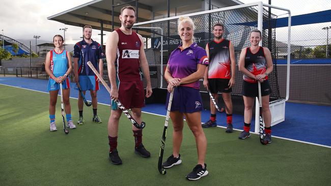 Cairns Hockey Association will resume it’s 2020 A-grade men’s and women’s competitions this Saturday, after they were postponed due to COVID-19 restrictions. Saints’ Liv McArthur and Cameron Anderson, Brothers’ Matt Sperring, Stingers’ Lola Pastrana and Souths’ Liam and Caitlyn Whipp are ready to do battle again. PICTURE: BRENDAN RADKE