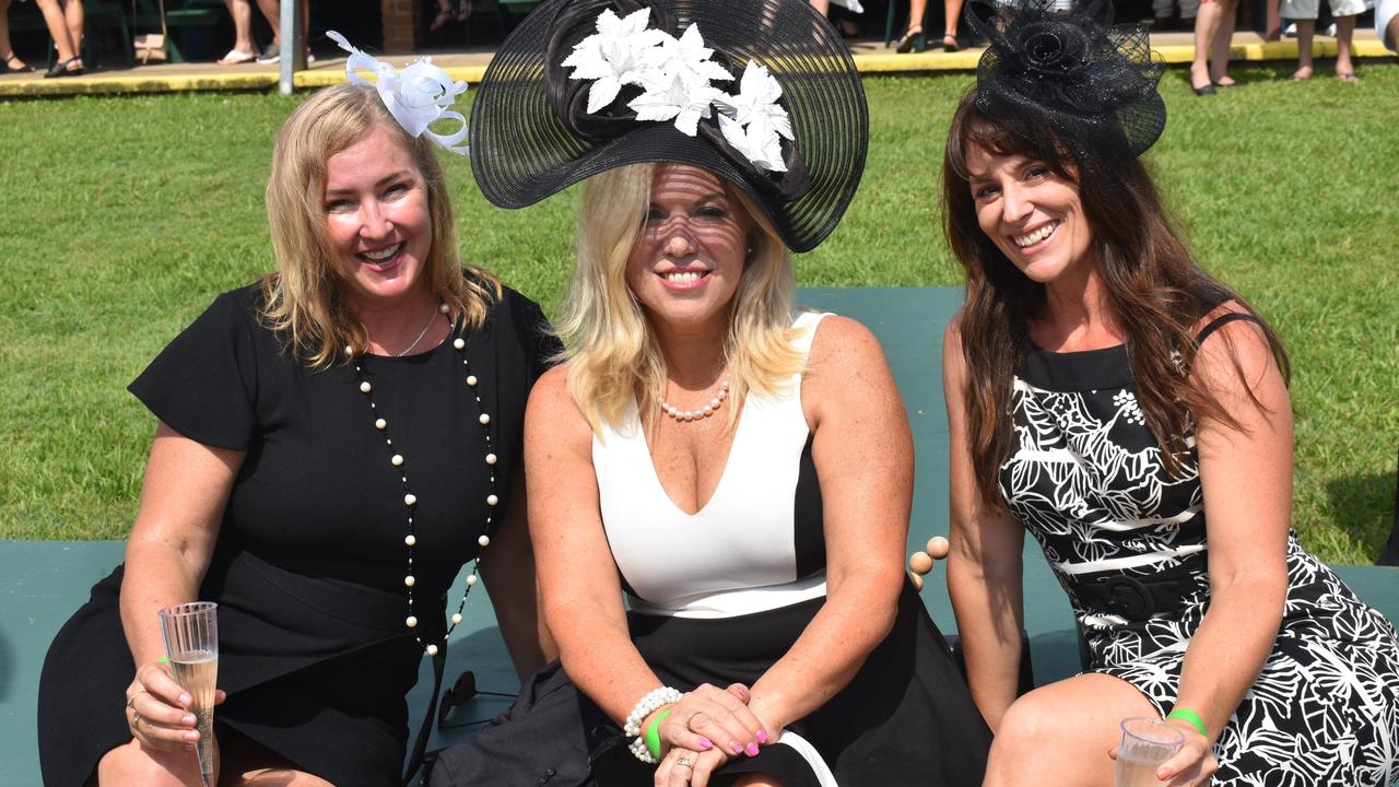 Michelle Simpkins, Shirley Ledger and Jacqui Gruber at the Yeppoon Turf Club's Derby Day races at Keppel Park Racecourse on November 2, 2024.