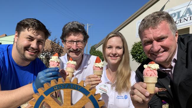 (from left) Danny Ungermann from Ungermann Brothers, Dr Bob McGregor and Katharina von Heusinger from Rotary Ipswich City, and Ipswich Show president Darren Zanow enjoy the new Ipswich Show Sundae.