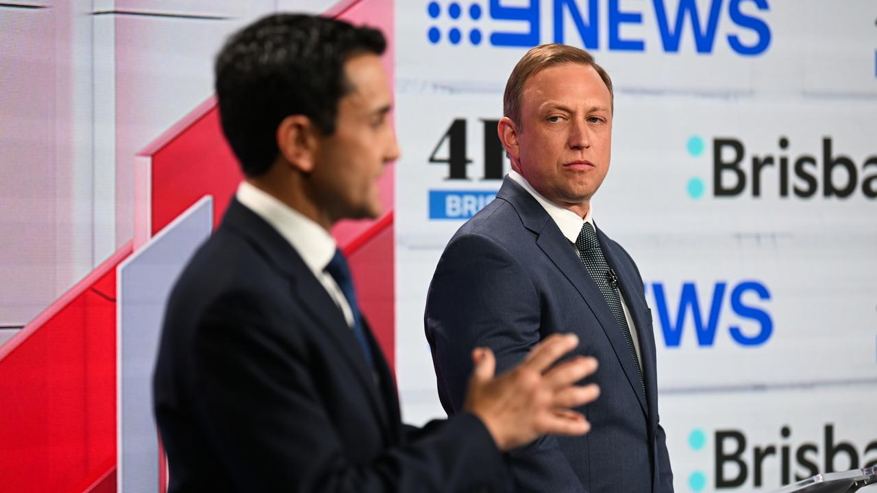 Mr Miles (right), and Mr Crisafulli were given the chance to question each other during the debate. Picture: NewsWire/ Dan Peled