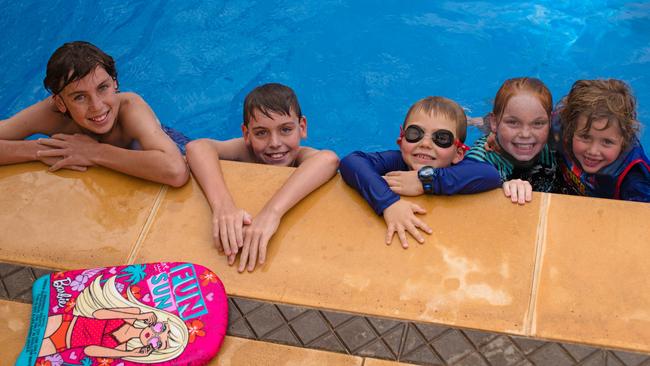 Port Augusta residents keeping their cool during record temperatures in the town today . Kallon, 13, Jaxson, 11 , Jack, 4, Addison, 9 and Isy, 3. Picture: Jenai Photography