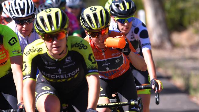 Amanda Spratt, of Australia and Team Mitchelton-Scott, middle will take a comprehensive lead into today’s final stage of the Women's Tour Down Under 2019. Picture: Tim de Waele/Getty Images