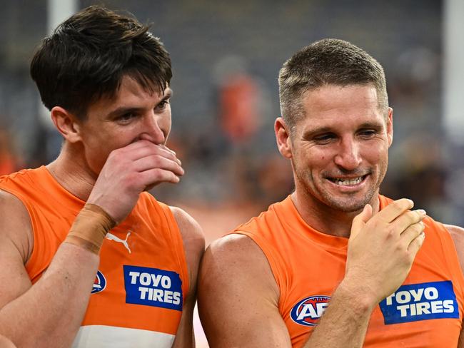 Fellow WA product Sam Taylor has become one of Jesse Hogan’s fiercest chess competitors. Picture: Daniel Carson/AFL Photos via Getty Images