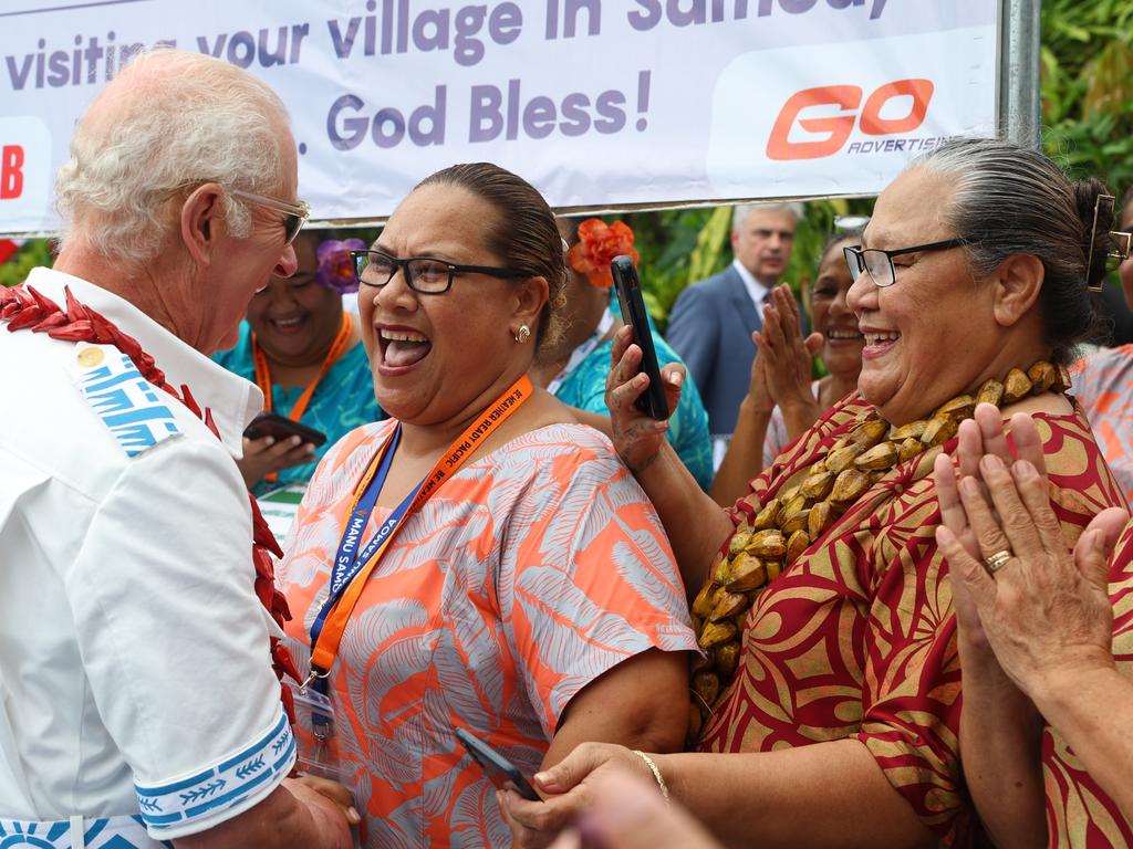 King Charles III talks with Faamanatu Molly Nielsen as he visits the Mangrove Restoration Project at Moata'a Village, near Apia, in Samoa. Picture: Getty Images