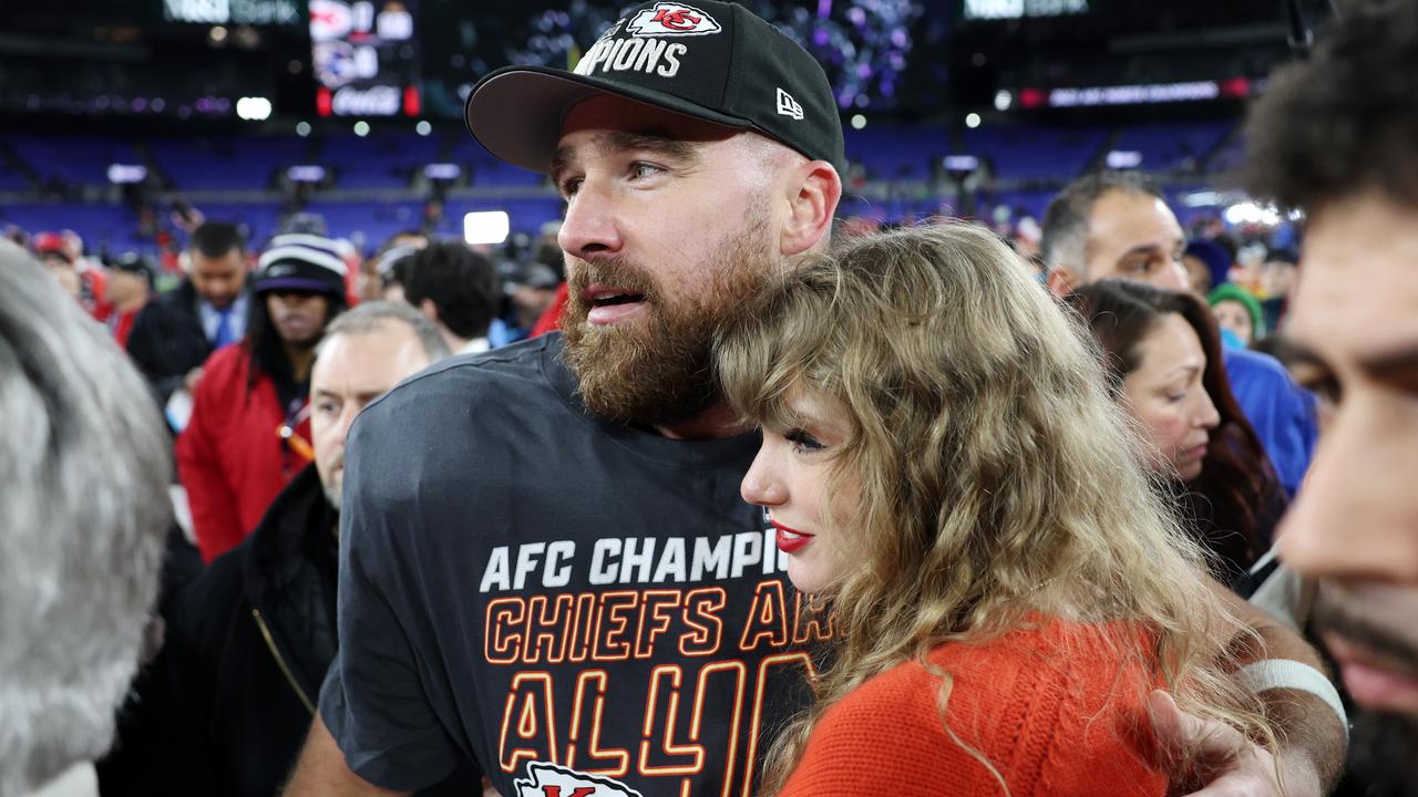 BALTIMORE, MARYLAND - JANUARY 28: Travis Kelce #87 of the Kansas City Chiefs celebrates with Taylor Swift after a 17-10 victory against the Baltimore Ravens in the AFC Championship Game at M&amp;T Bank Stadium on January 28, 2024 in Baltimore, Maryland. (Photo by Patrick Smith/Getty Images)