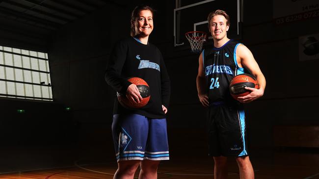 Hobart Chargers players Kylie McCauley and Jordan Hargrave are excited the Chargers are back in the NBL 1 next season. Picture: ZAK SIMMONDS