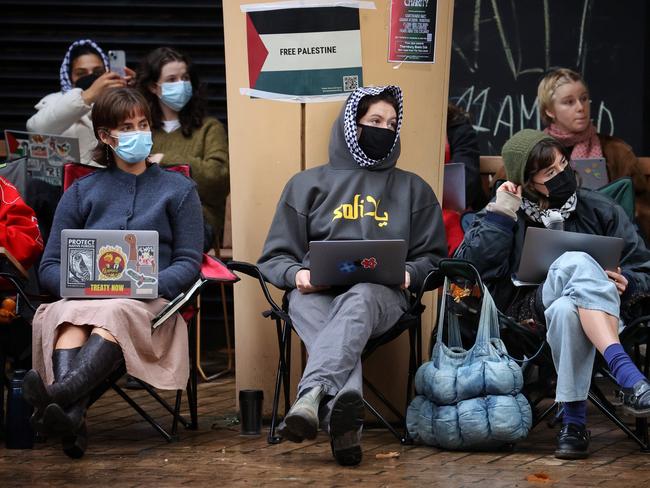 MELBOURNE, MAY 20, 2024: Students and staff at Melbourne University continue to protest for Palestine at the Arts West building. Picture: Mark Stewart