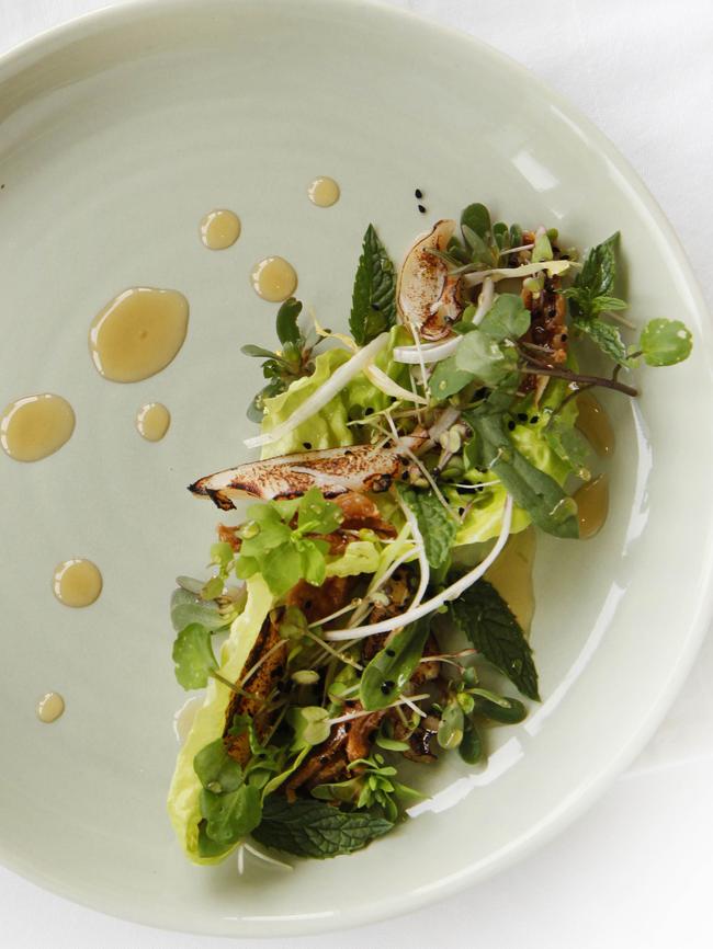 Abalone and duck tongue salad.