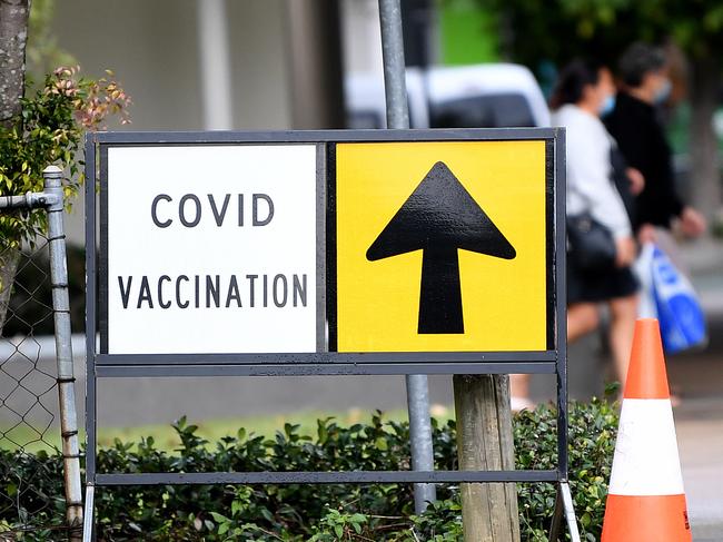 A sign outside a community COVID-19 vaccination centre in Capalaba, in Brisbane's east. Queensland recorded several new cases of coronavirus overnight. Picture: NCA NewsWire / Dan Peled