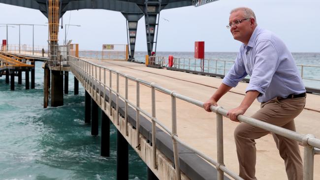 Scott Morrison at Flying Fish Cove wharf on Christmas Island. Picture: Adam Taylor