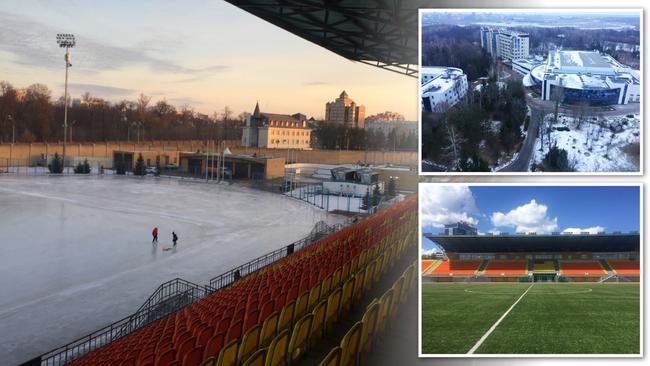 Stadium Trudovye Rezervy in winter and (inset) the pitch in summer.