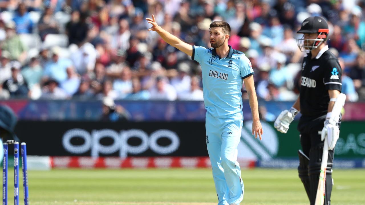 NZ skipper Kane Williamson was stunned after Mark Wood claimed his wicket in fortuitous fashion. (Photo by Michael Steele/Getty Images)