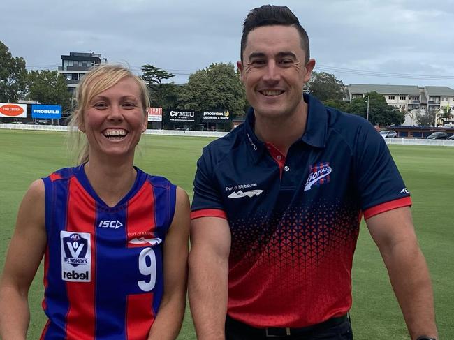 Port Melbourne V F L W captain Melissa Kuys and coach Lachie Harris