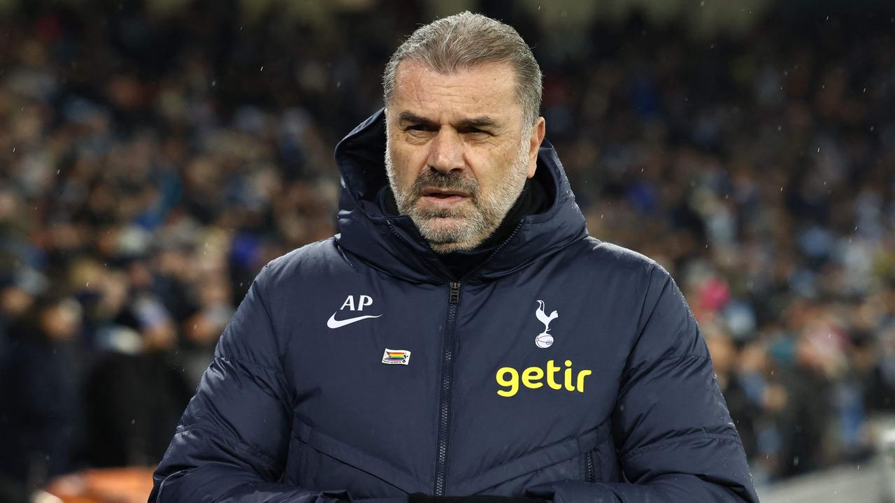 Tottenham Hotspur's Greek-Australian Head Coach Ange Postecoglou arrives for the English Premier League football match between Manchester City and Tottenham Hotspur at the Etihad Stadium in Manchester, northwest England, on December 3, 2023. (Photo by Darren Staples / AFP) / RESTRICTED TO EDITORIAL USE. No use with unauthorized audio, video, data, fixture lists, club/league logos or 'live' services. Online in-match use limited to 120 images. An additional 40 images may be used in extra time. No video emulation. Social media in-match use limited to 120 images. An additional 40 images may be used in extra time. No use in betting publications, games or single club/league/player publications. /