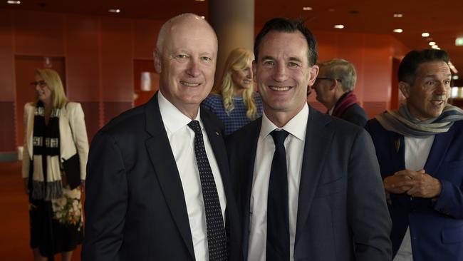 Richard Goyder and AFL CEO elect Andrew Dillon at the North Melbourne Grand Final breakfast at MECC. Picture: Andrew Henshaw