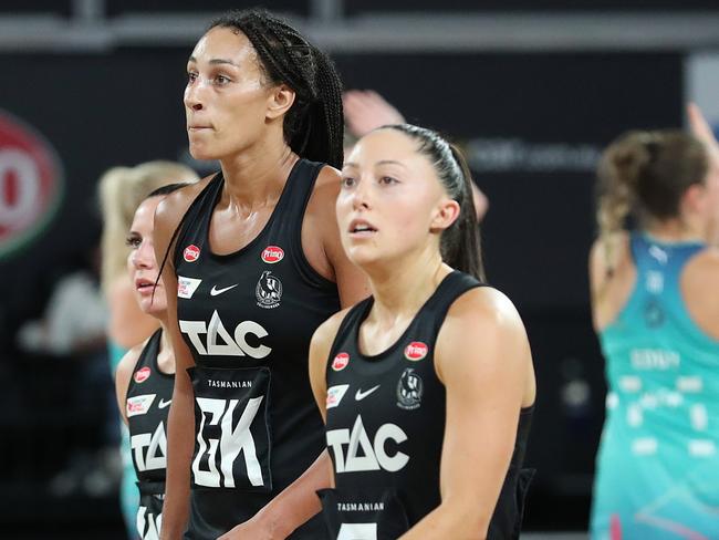 MELBOURNE, AUSTRALIA - MARCH 26: Magpies look on after the narrow loss during the round two Super Netball match between Collingwood Magpies and Melbourne Vixens at John Cain Arena, on March 26, 2023, in Melbourne, Australia. (Photo by Kelly Defina/Getty Images)