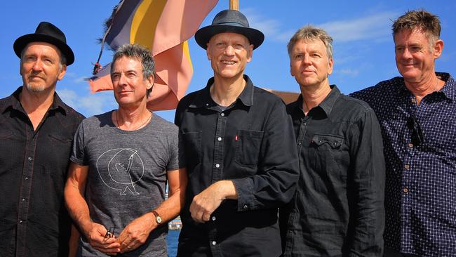 Jim Moginie, Rob Hirst, Peter Garrett, Martin Rotsey and Bones Hillman announced The Great Circle 2017 tour on Sydney Harbour on Friday. Picture: Jenny Evans