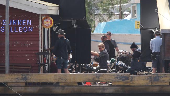 Bikies take over the Gold Coast again — this time its actors playing the part during filming for Aquaman at The Spit. Picture: Glenn Hampson