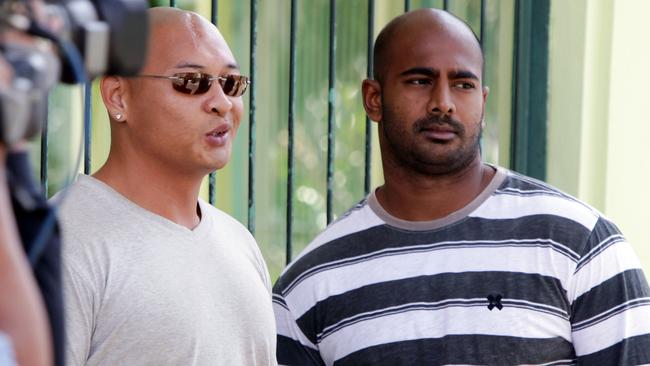 Bali Nine ringleaders Andrew Chan (l) and Myuran Sukumaran in front of their cell during an Indonesian Independence Day celebration at Kerobokan. Picture: AP Photo/Firdia Lisnawati