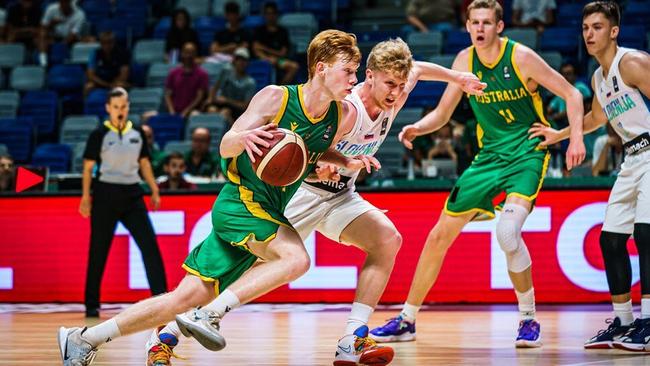 Joshua Dent taking a drive at the FIBA U17 Basketball World Cup in 2022. Photo: Contributed