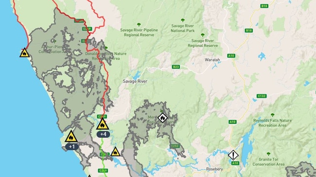 TasAlert map showing bushfire area on the West Coast from 6 March 2025. Picture: TasAlert