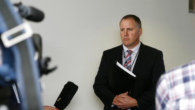 Detective Inspector Doug Rossiter talking to reporters at Bellerive Police Station about the shooting death of Jarrod Turner, of Gagebrook. Picture: MATT THOMPSON