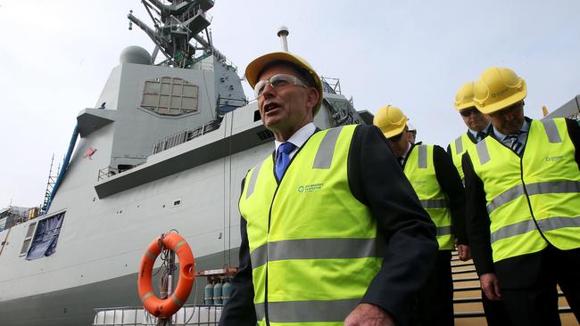 Prime Minister Tony Abbott visits a new air warfare destroyer being built at Osborne after announcing shipbuilding program. Picture Simon Cross