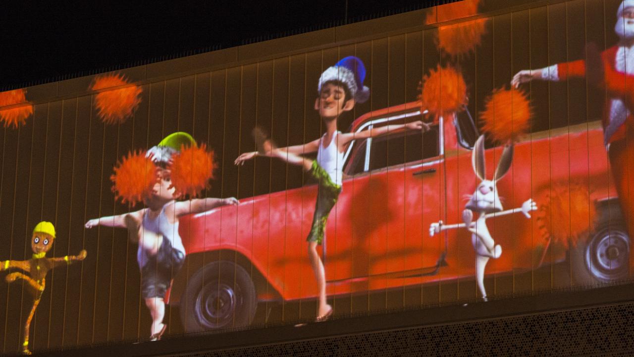 Rowes animation projection with Aussie jingle bells and staying COVID safe themes, Saturday, December 5, 2020. Picture: Kevin Farmer