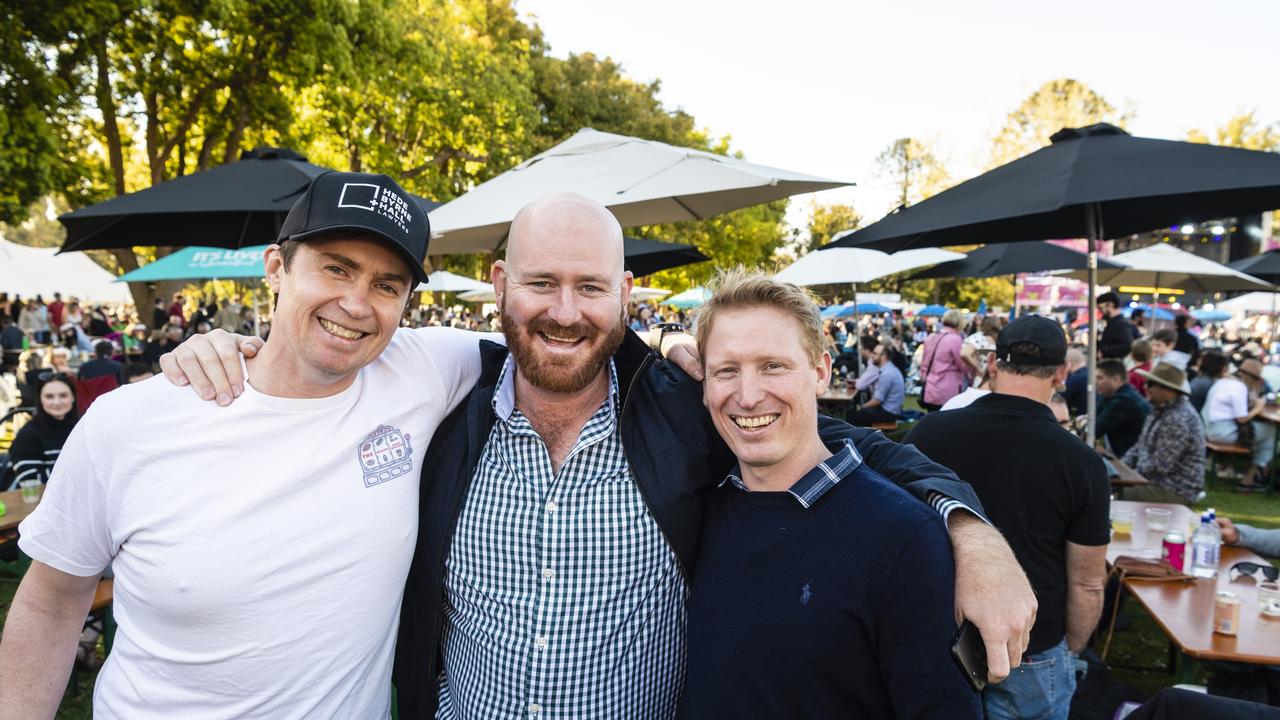 At the Festival of Food and Wine are (from left) Vinnie Hede, Tom Simpson and Dave Wardle, Carnival of Flowers 2022, Saturday, September 10, 2022. Picture: Kevin Farmer