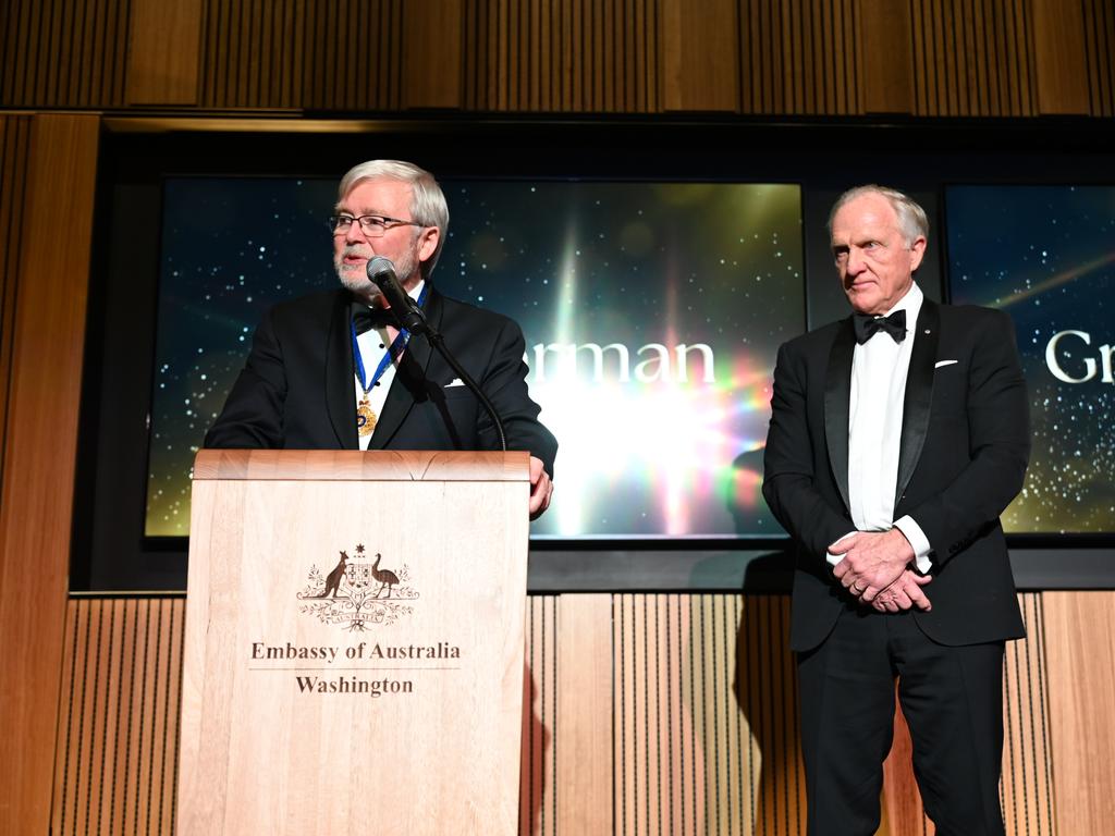 Greg Norman receives an award from Kevin Rudd at the Australia Day gala in Washington DC. Picture: Supplied