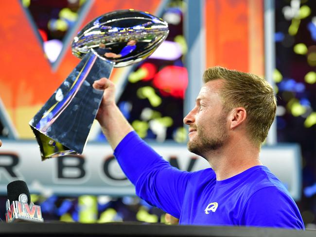 Los Angeles Rams' head coach Sean McVay holds the trophy after winning Super Bowl LVI against the Cincinnati Bengals at SoFi Stadium in Inglewood, California, on February 13, 2022. (Photo by Frederic J. Brown / AFP)