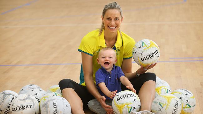 Laura Geitz with Barney at an Australian netball camp at the AIS earlier this year. Pic: Kym Smith