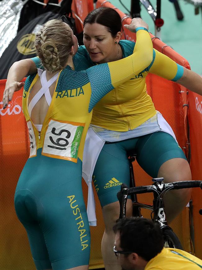 Stephanie Morton (left) gets a hug from Anna Meares after finishing 13th in the women’s sprint at the Rio Olympics. Photo: Adam Head