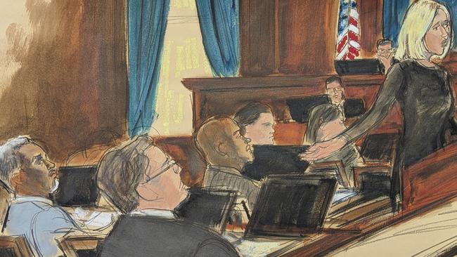 Assistant US Attorney Emily Johnson, right, gestures to Sean Diddy Combs, far left, while giving her opening statement the first day of trial at Manhattan federal court. Picture; AP.