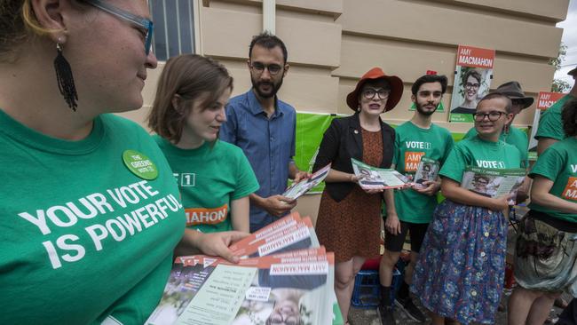 Green's candidate Amy MacMahon and Greens Councillor Jonathan Sri campaigns at the 2017 poll. Photo: AAP Image/Glenn Hunt