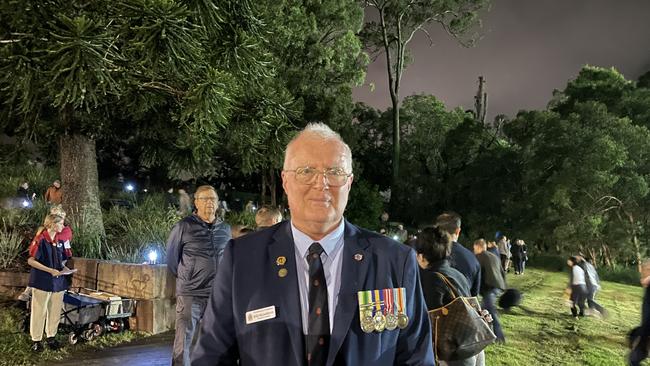 RSL Deputy President Ross Williamson at the Toowong Anzac Day service. Picture: Brendan O'Malley