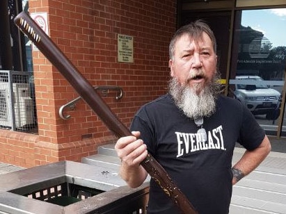 Armed with his trusty didgeridoo, Kym Abrook – Adelaide’s world-famous ‘Didgeridoo Man’ – has faced the alleged intruder he chased from his home in court for the first time. Picture NINE NEWS