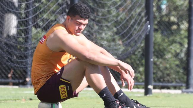 A contemplative David Fifita at Broncos training. Picture: Annette Dew